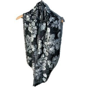 Infinity Scarf Chic Black Gray White Floral Fringe.